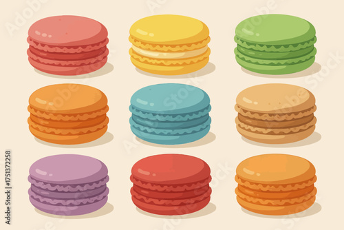 Colorful assortment of nine delicious macarons in grid layout