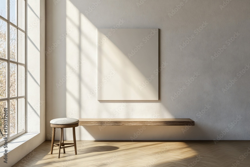 Fototapeta premium Bright room with large window bench stool and blank canvas on wall.