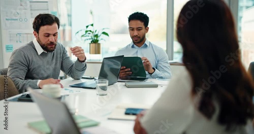 Meeting, discussion and worry with business people in office for campaign fail, research and planning. Target audience, engagement decline and teamwork with employees in media agency for stress