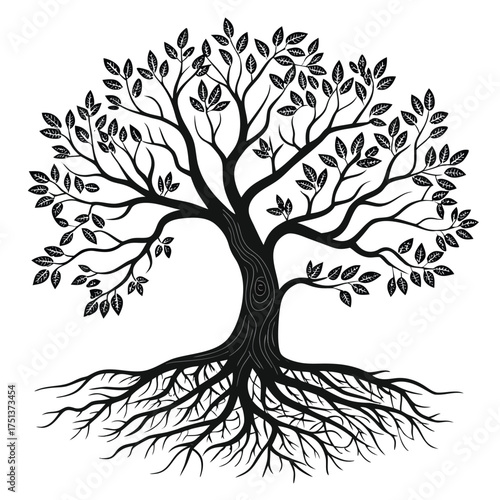 Leafless tree silhouette isolated on white background for winter or autumn theme