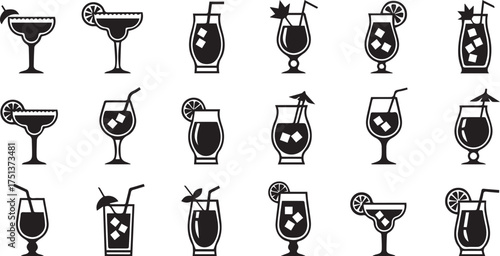 Minimalist cocktail glass icon set – 20 black-and-white silhouettes of martini, wine, tropical, and mixed drink glasses with citrus, umbrellas, and straws for bar menus, hospitality, and beverage desi