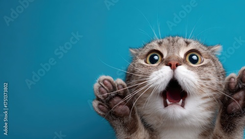 Shocked cat with wide eyes and open mouth against teal background
