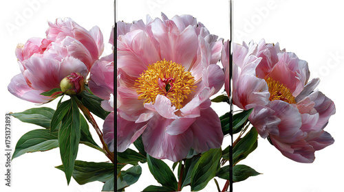 Blossoming Peonies: Three exquisite pink peonies bloom vibrantly, showcasing delicate petals and lush green foliage, a celebration of spring's elegance.