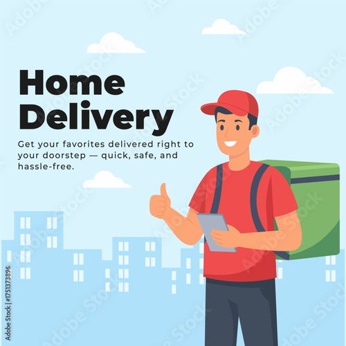 Doorstep Delivery Concept for Online Store and Ecommerce Business. Simple and effective doorstep delivery design showing parcel handover and satisfied customer interaction ideal for commercial use.