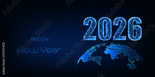Happy New Year 2026 with glowing earth, global celebration and digital holiday concept vector
