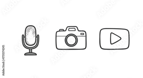 Set of three simple line art icons microphone, camera, and play button, representing audio, visual, and video content creation