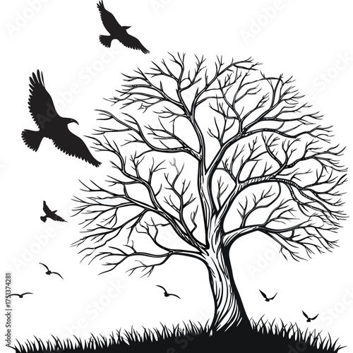 Sunset Tree Silhouette with Birds