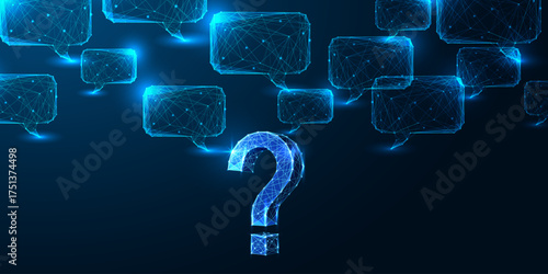 Digital question mark with speech bubble network representing AI queries and chatbot interaction