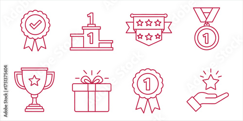 Set of linear icons for success and awards, including badge, podium, ribbon, medal, cup, gift, rosette and star in hand