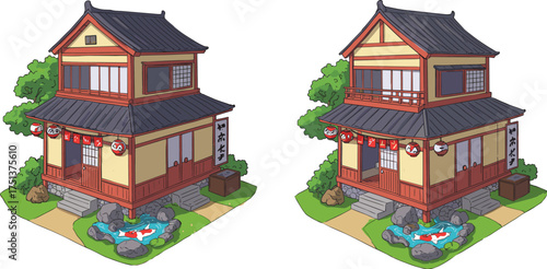 Traditional Japanese house with koi pond and lanterns, spot the difference puzzle, garden architecture scene, white background illustration