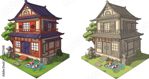 Traditional Japanese house with koi pond and garden, color and grayscale comparison, cultural architecture scene, white background, design illustration