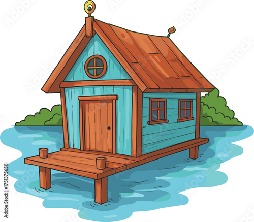 Cartoon stilt house over water with red roof and dock, peaceful lakeside retreat scene, white background, whimsical nature illustration