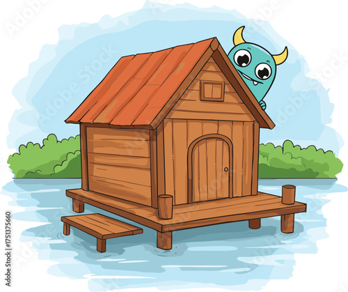 Cartoon stilt house over water with playful blue creature and red roof, whimsical lakeside scene, white background, fantasy illustration