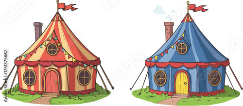 Cartoon circus tents with round doors, colorful stripes, flags, and bunting on grassy patches, festive scene, white background illustration