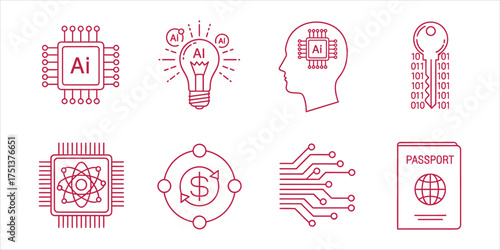 Artificial intelligence and technology icons set contains passport, key, chip, money, atom, and lightbulb icons