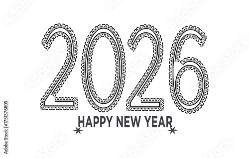 2026 Happy New Year Ornamental Vector. Elegant Black and White Lace Design, Line Art Template for Coloring Page or Laser Cut Craft.