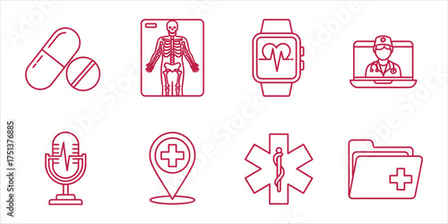 Collection of medical icons, symbolizing healthcare, telemedicine, and various medical services in a minimalist design