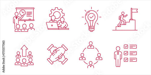 Business and teamwork concept with line icons presentation, cooperation, idea, leadership, handshake, communication