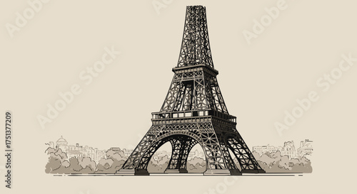 Vintage-style graphic illustration of a famous iron landmark, a towering symbol of Parisian elegance and architectural grandeur, set against a classic sepia backdrop