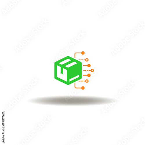 Vector illustration of box package with circuit pattern. Symbol of web distribution. Icon of online procurement. Sign of delivery goods.