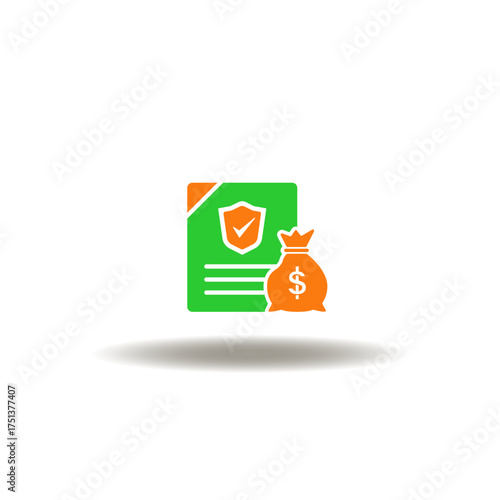 Vector illustration of list document application with shield with check mark and money bag. Symbol of claim. Icon of filing financial claims.