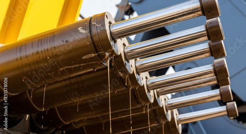 Hydraulic cylinders of heavy machinery with oil leaks, outdoor, day.