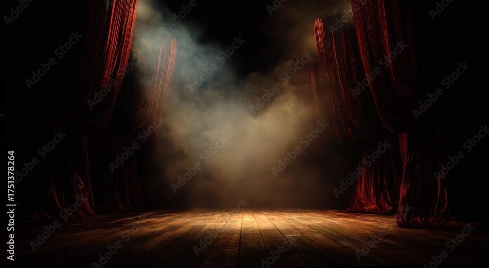 Obraz premium Stage with red curtains and dramatic spotlights creating bright lighting beams through fog perfect for entertainment performance and theater backgrounds with elegant atmosphere
