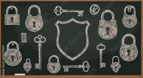 Antique Lock and Key Illustration on Chalkboard Symbol of Security, Access, and Protection