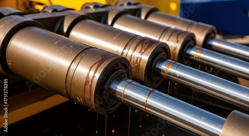 Hydraulic cylinders showing signs of leaking oil in machinery, day