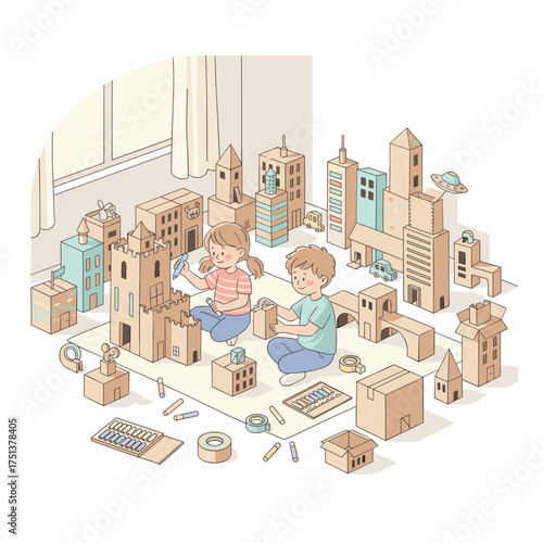 Children building and decorating an imaginative cardboard city indoors Creative DIY play