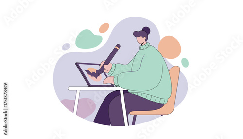 Person drawing a bat on a digital tablet with a stylus illustrating modern design and creativity