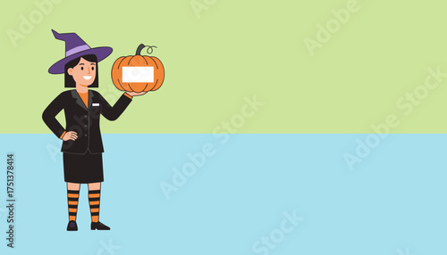 Businesswoman in witch hat holds Halloween pumpkin with blank label for holiday promotion