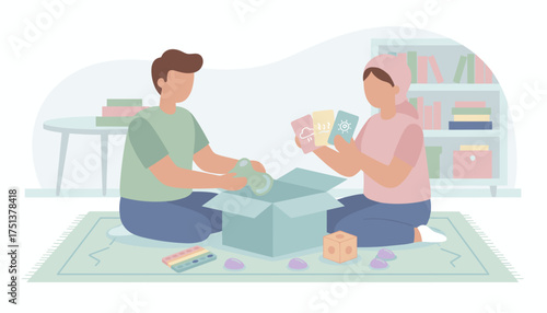 Two people engaging in educational play sorting learning cards and toys on a rug at home