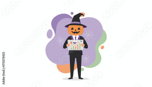 Pumpkin head businessman with witch hat displays growth chart for festive business success