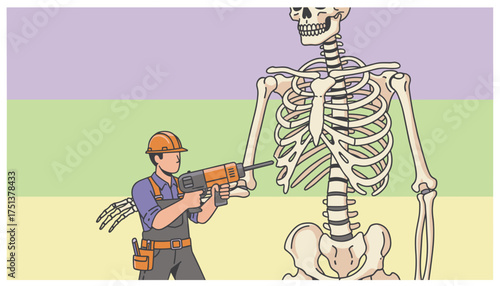 Tiny worker drilling a giant human skeleton symbolizing construction repair or medical work