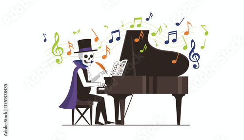 Dapper skeleton composer at a grand piano writing music surrounded by floating colorful notes
