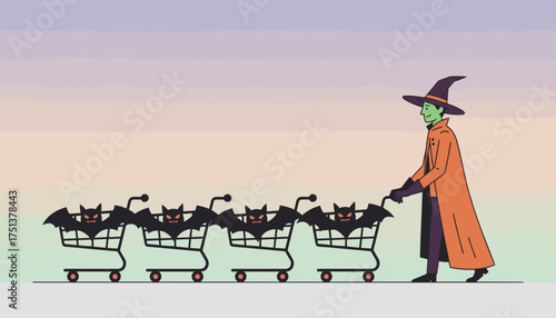 Witch pushes shopping carts full of bats Halloween seasonal shopping and spooky supplies concept
