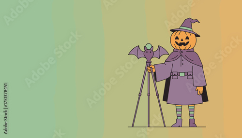 Smiling pumpkin witch in cloak and hat holding a bat staff Fun Halloween character seasonal promotion