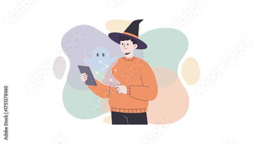 Person in witch hat interacts with a digital ghost appearing from tablet Halloween technology concept
