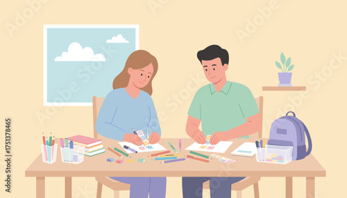 Adults enjoy coloring and creative crafts at a desk surrounded by art supplies and books