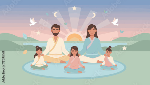 Family meditating together in tranquil nature scene fostering peace and mindful wellness