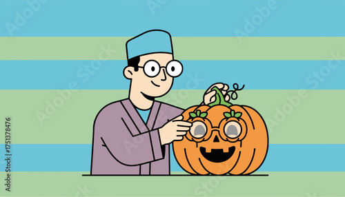 Smiling man in medical attire decorating a festive pumpkin for autumn or Halloween fun