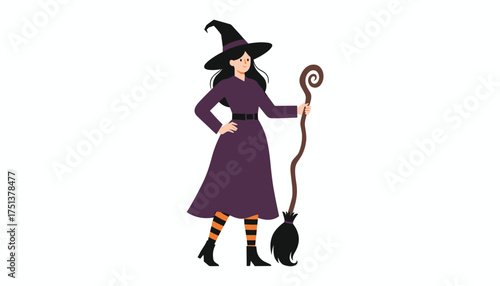 Friendly witch in purple dress and hat holding a broomstick celebrating Halloween with joy