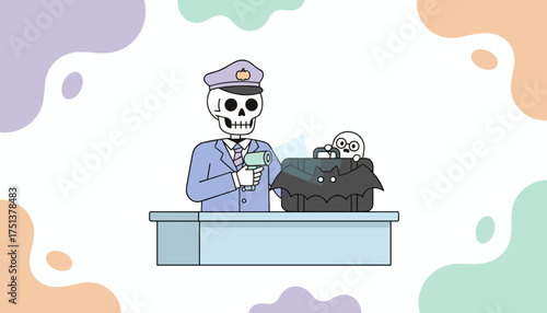Spooky travel security Skeleton officer inspects a bat briefcase with a ghost Halloween concept