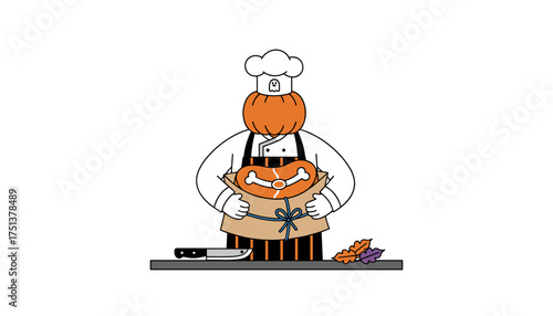 Halloween chef with pumpkin head holding a spooky roast ready for autumn holidays
