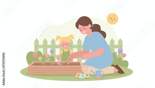 Mother and daughter happily planting seeds in a garden enjoying nature and family bonding