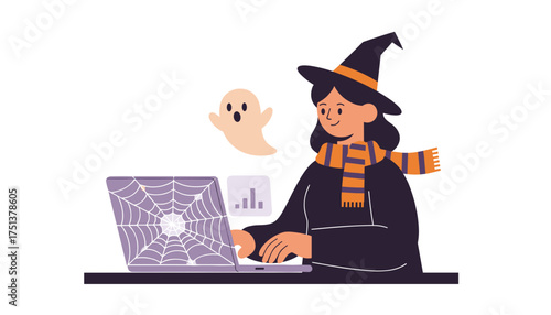 Witch works on a spooky Halloween project with a friendly ghost and spiderweb laptop
