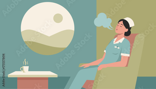 Nurse relaxing with deep breath during break promoting selfcare and mental wellbeing