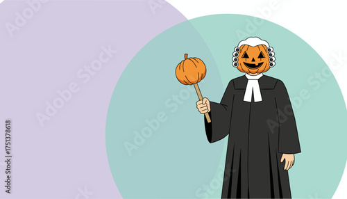 Humorous jackolantern judge illustration for Halloween legal concepts or seasonal promotions