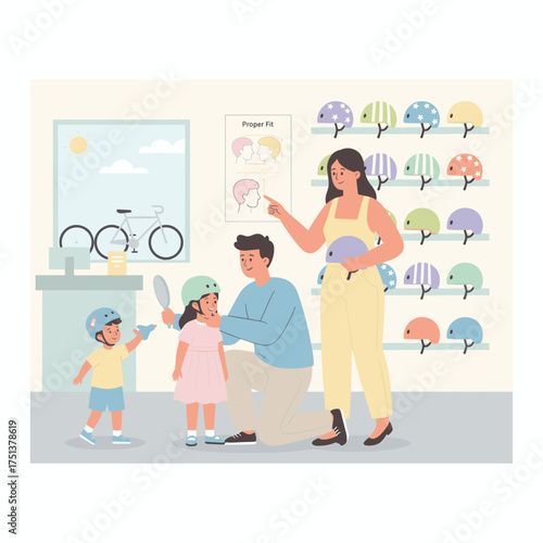 Family choosing bicycle helmets in a shop promoting safety and an active lifestyle